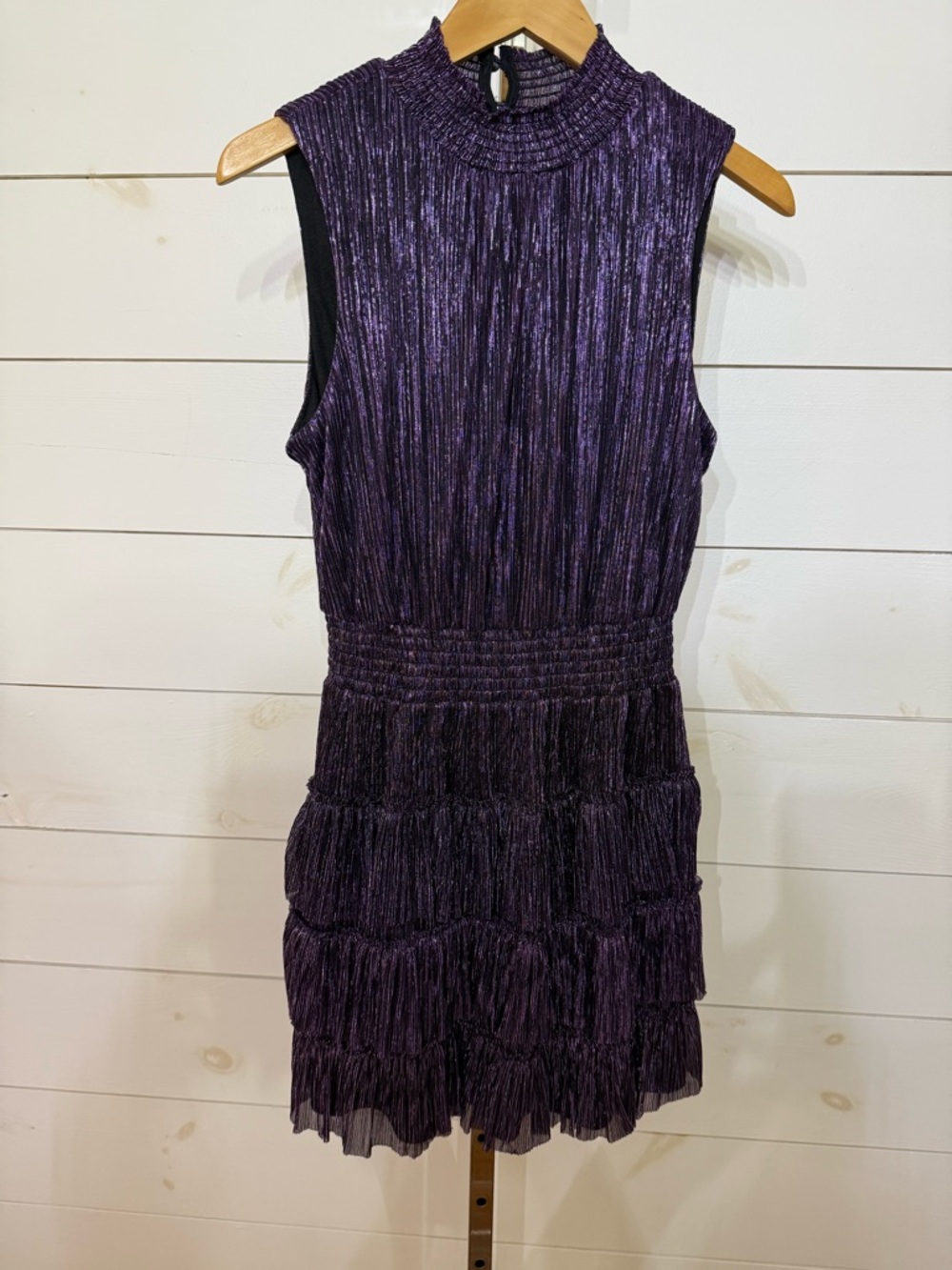 1. State Shimmery Deep Purple Sleeveless Tiered Mini Dress